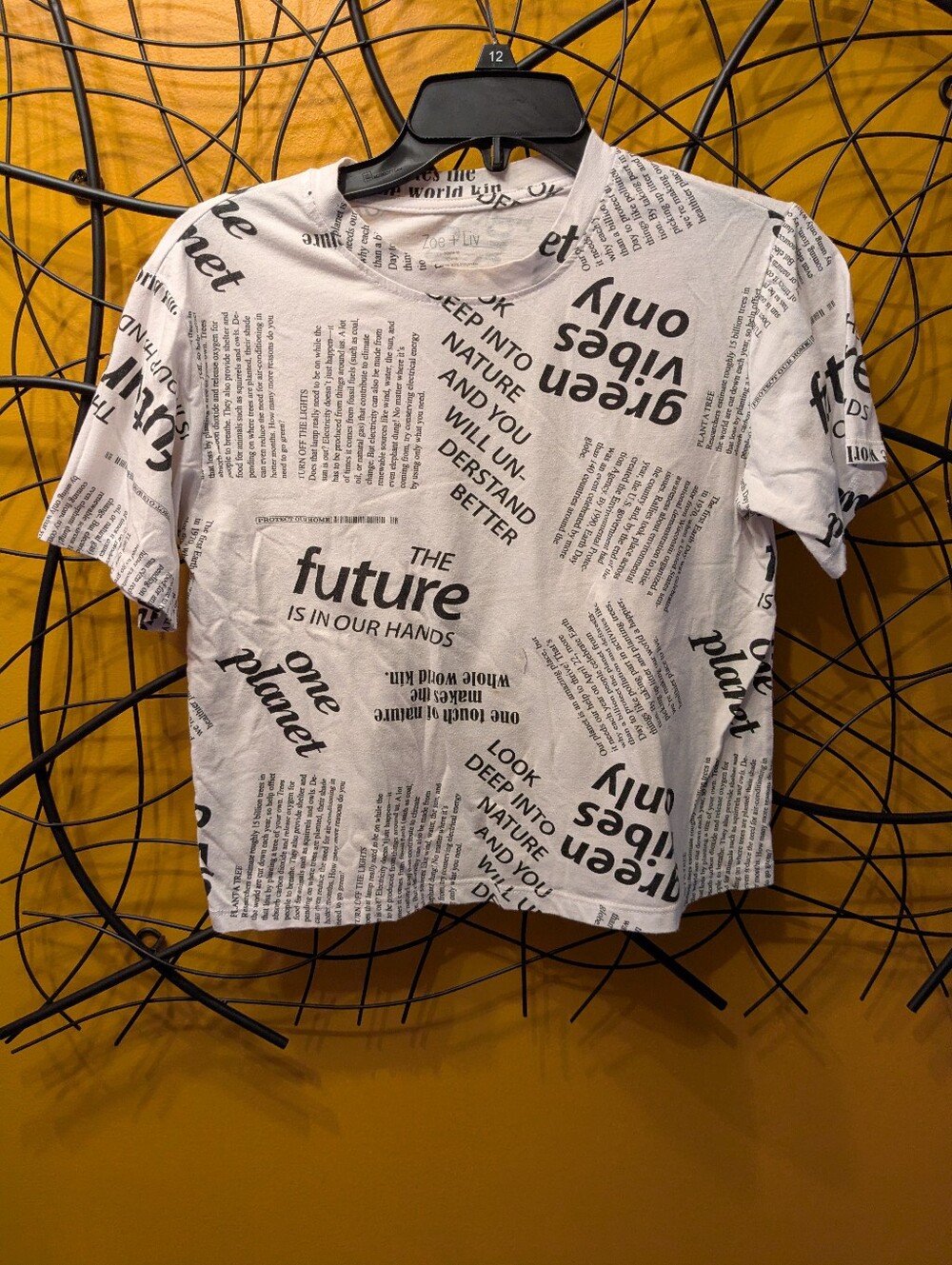 Zoe + Liv Newspaper Print Eco Graphic Short Sleeve T-Shirt (Size L)